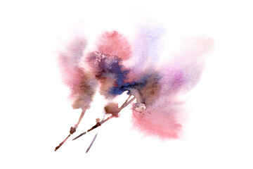 Watercolor purple flower painting. Single flower for greeting card decor. Wedding invitation design template. 