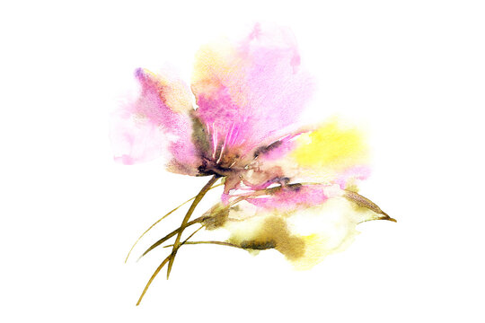 Watercolor pink flower painting. Single flower for greeting card decor. Wedding invitation design template. 
