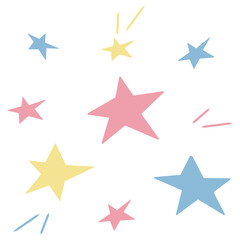 Vector background of glowing multicolored stars. Hand drawn radiant stars in doodle style. Isolated elements on a transparent background for design template. Bright yellow, pink, blue. Flat . Trend.