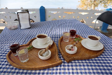 beautiful served breakfast for two with turkish coffee on wooden tray