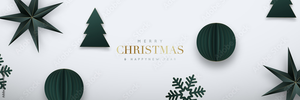 Sticker Christmas web banner. Green origami paper balls, stars, snowflakes, christmas trees with gilded border. NYE vector background, web header, social media banner.