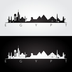 Naklejka premium Egypt skyline and landmarks silhouette, black and white design, vector illustration.