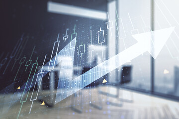 Double exposure of abstract creative financial diagram with upward arrow and modern desk with computer on background, growth and development concept