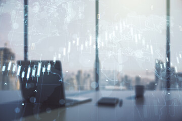 Multi exposure of abstract creative financial chart with world map and modern desktop with laptop on background, research and analytics concept