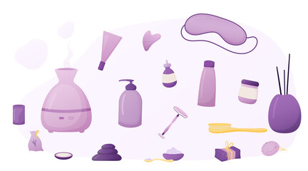 Spa relax and body care elements set. Cosmetology treatment for women beauty. Digital vector illustration