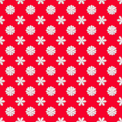Seamless pattern with white snowflakes on a red background. Christmas texture. Design mockup. Holiday concept. Poster wallpaper. Festive banner. Paper template for print. New year greeting card. Art