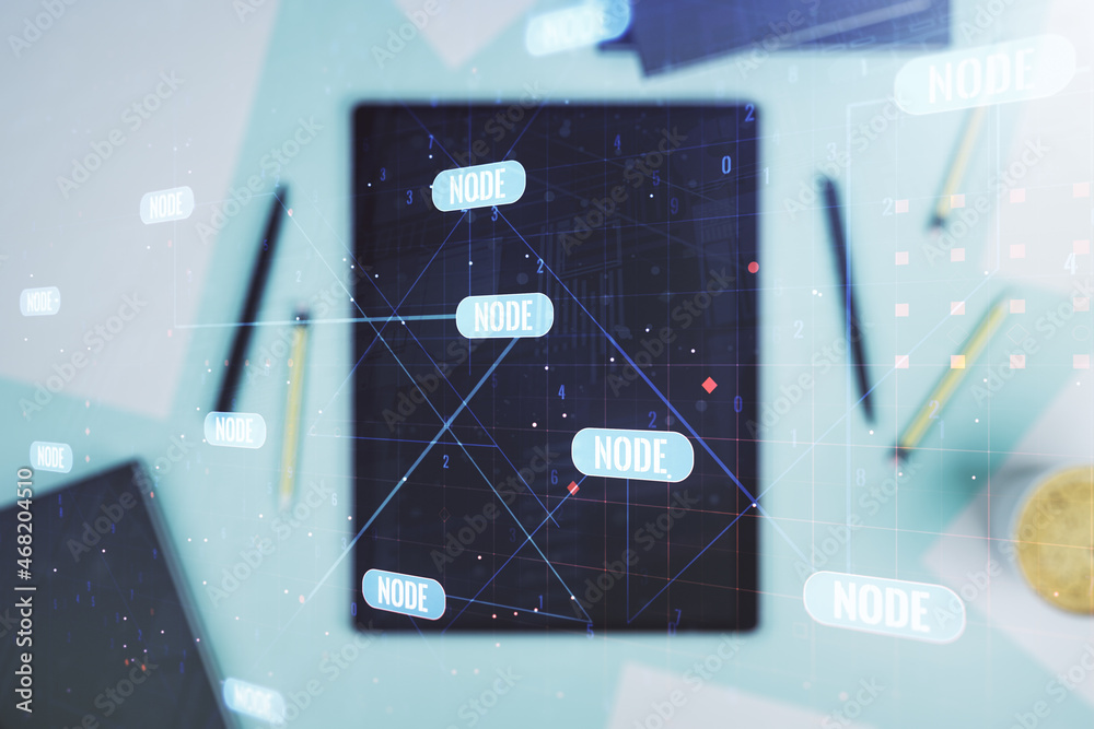 Aufkleber multi exposure of abstract programming language hologram and modern digital tablet on background, ar