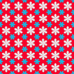 Seamless pattern with white and blue snowflakes on red background. Christmas texture. Design mockup. Holiday concept. Poster wallpaper. Festive banner. Paper print template. New year greeting card