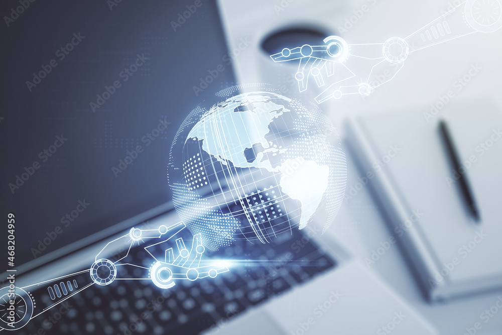 Poster creative abstract robotics technology hologram with globe on modern computer background, artificial 