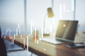 Multi exposure of abstract creative financial chart on computer background, research and analytics concept