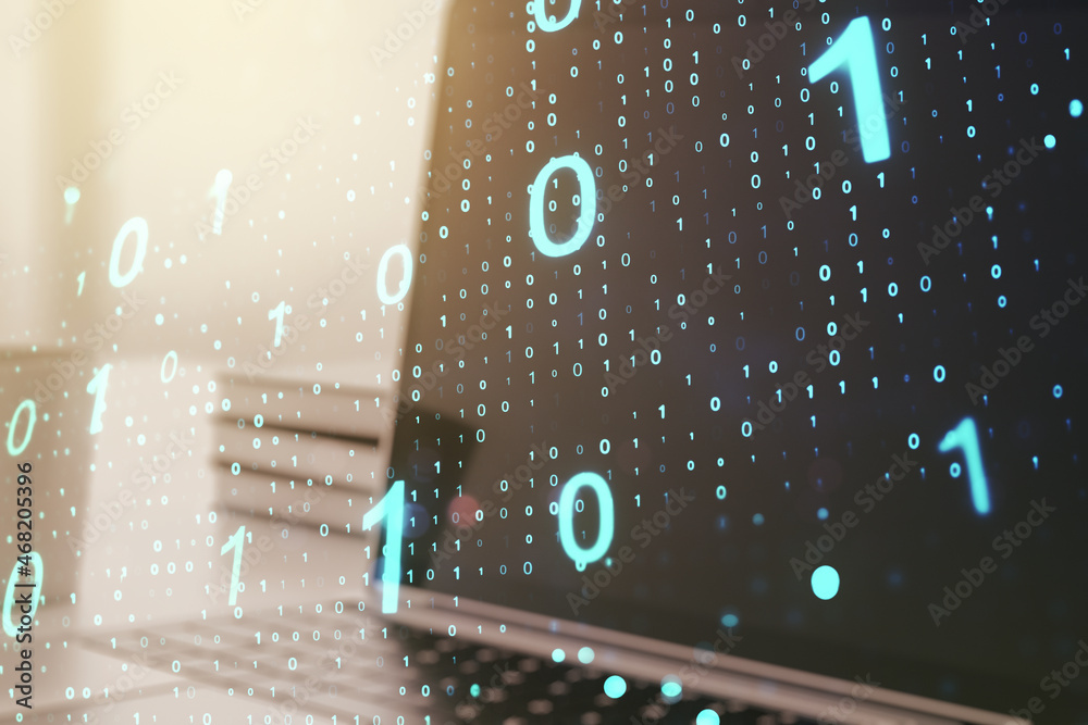 Poster creative abstract binary code hologram on modern computer background, ai and machine learning concep