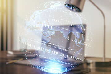 Multi exposure of abstract programming language hologram with world map on computer background, artificial intelligence and neural networks concept