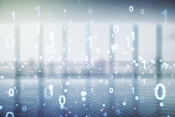 Abstract virtual binary code illustration on empty corporate office background. Big data and coding concept. Multiexposure