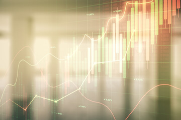 Double exposure of virtual creative financial diagram on empty room interior background, banking and accounting concept