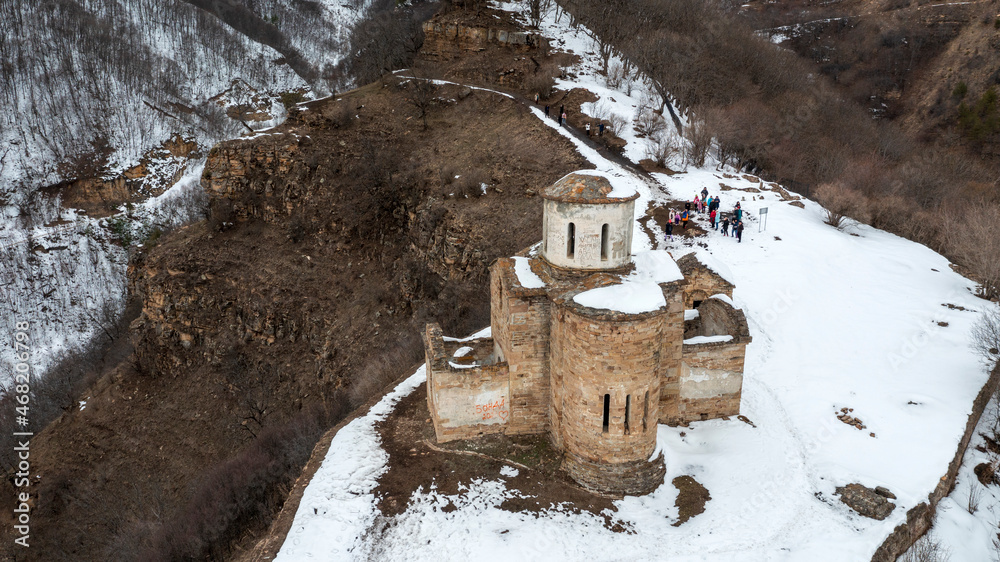 Wall mural sentin temple in the caucasus, the village of nizhnyaya teberda, dombay, aerial view