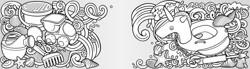 Cartoon cute doodles hand drawn summer beach children's entertainment illustration.