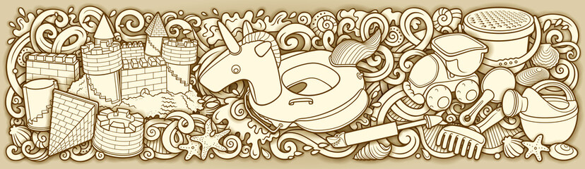 Cartoon cute doodles hand drawn summer beach children's entertainment illustration.