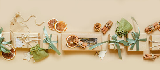 Christmas gift. gift box,zero waste, eco friendly hand made box packaging gifts in kraft paper table, eco christmas holiday concept, Christmas gift wrapping,eco decor banner