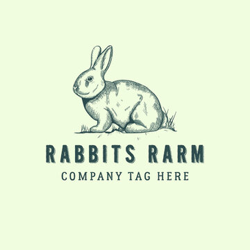 Vintage Rabbit Logo. Hand Drawing Rabbit. Cross Hatching Rabbit Farm Logo. Retro Logo Vector Image