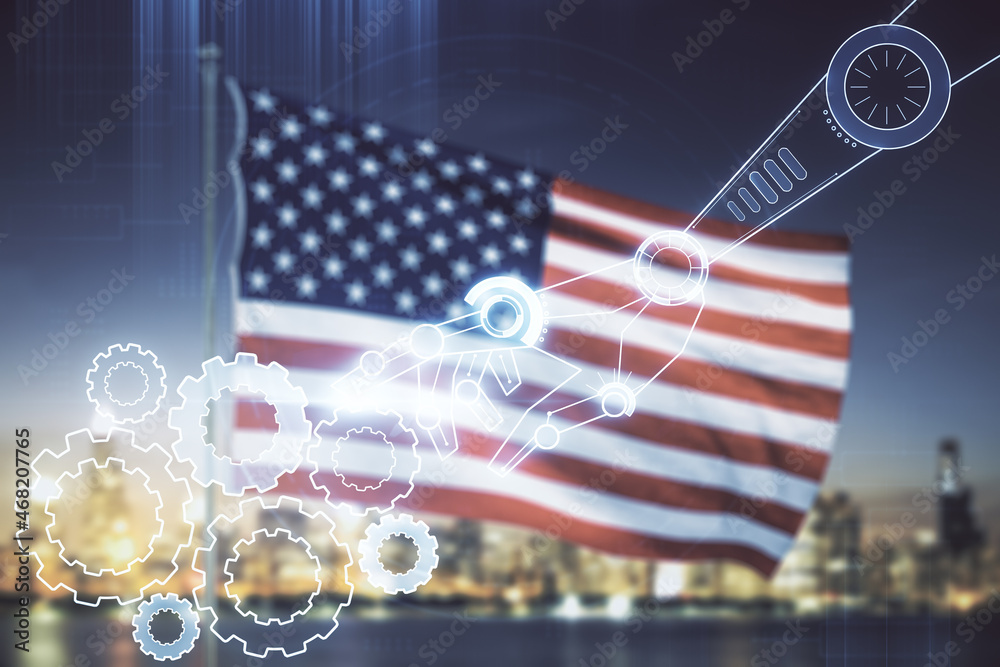 Aufkleber abstract virtual robotics technology sketch on us flag and skyline background, future technology and
