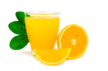 A glass of orange juice next to a half of an orange and a wedge of it