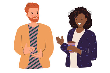 A man and a woman are talking together. People communicate. Positive communication of multinational friends. Cartoon flat vector illustration isolated on white background.