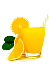 A glass of orange juice with a straw next to an orange half and a wedge