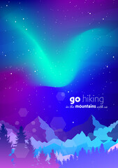 Northern Lights. Aurora in the Arctic. Night boreal. Travel, discovering, exploring, observing nature. Hiking tourism. Adventure. Minimalist graphic flyers. Flat design. Vector mountain landscape