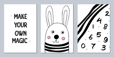 Set of Scandinavian monochrome posters with animals and captions. Black and white wall art to decorate a child's room