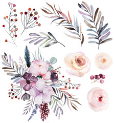 Winter floral Watercolor bouquet with pastel leaves, berries and flowers © katrinshine