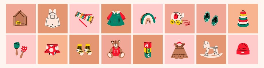 Various Toys for kids. Different clothing for kids and infants. Baby clothes and accessories. Childhood, children games, preschool activities concept. Big hand drawn Vector set. Isolated square icons