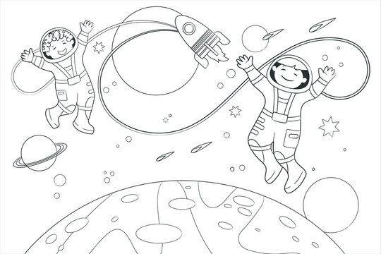 Coloring book two young astronauts fly in space against the background of stars and planets. Vector illustration in cartoon style, black and white line art