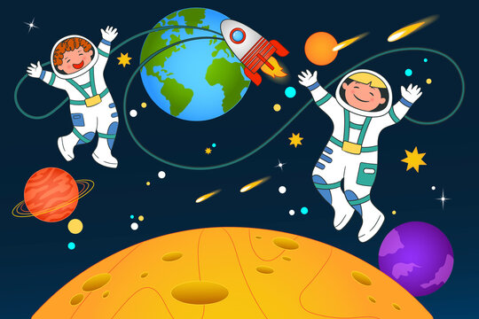 Two young astronaut-cosmonauts fly in space against the background of stars and planets. Vector illustration in cartoon style, page, banner, poster.