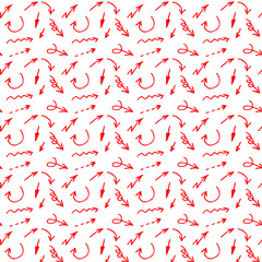 Hand drawn red marker arrows seamless pattern. Vector illustration.