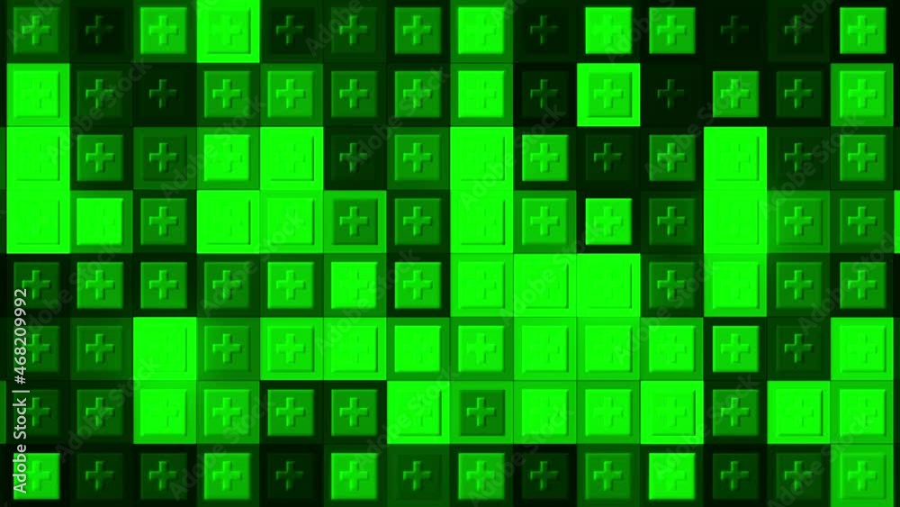 Poster abstract geometric background with a wall of blinking boxes with a cross sign. motion. seamless loop