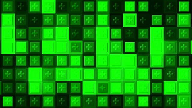 Abstract geometric background with a wall of blinking boxes with a cross sign. Motion. Seamless loop motion of shimmering square shaped objects.