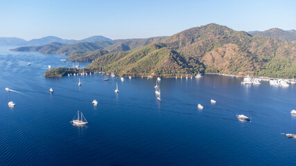  Gocek harbor, bay and city of skyline aerial view. Mediterranean coast, Fethiye TURKEY.