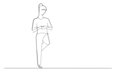 Businesswoman typing sms message on cell phone isolated on white background. Businesswoman leaning against the wall for marketing and poster. For app, travel agency and magazine. Vector illustration