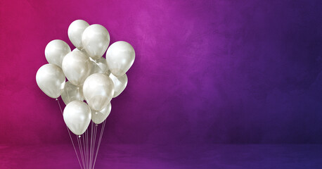 White balloons bunch on a purple wall background. Horizontal banner.