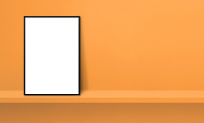 Black picture frame leaning on orange shelf. 3d illustration. Horizontal banner