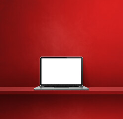 Laptop computer on red shelf. Square background