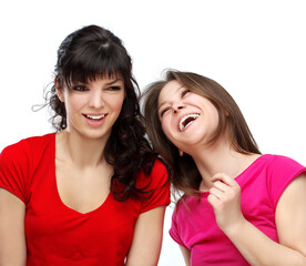 Happy friends  hugging each other.Teenage girl using smart phone.Selfie.Girl have fun .