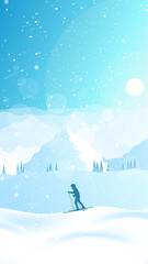 Winter landscape. Skiing in the mountains. Adventures, hiking, tourism, outdoor sports. Travel concept of discovering, exploring. Minimalist polygonal flat design graphic poster. Flat illustration