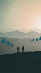 Travel concept of discovering, exploring, observing nature. Hiking tourism. Adventure. A couple climbs the mountains. Teamwork. Polygonal landscape illustration. Minimalist flat design