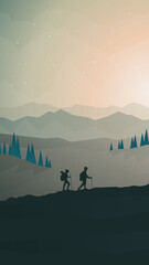 Fototapeta premium Travel concept of discovering, exploring, observing nature. Hiking tourism. Adventure. A couple climbs the mountains. Teamwork. Polygonal landscape illustration. Minimalist flat design