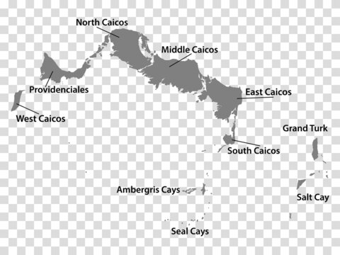 Blank map Turks and Caicos Islands  in gray. Every Island map is with titles. High quality map of  Turks and Caicos Islands with districts on transparent background for your  design.   EPS10.