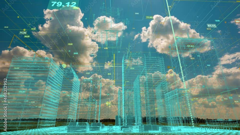 Poster abstract hologram 3d rendering of a city with a futuristic matrix. digital buildings with a network 