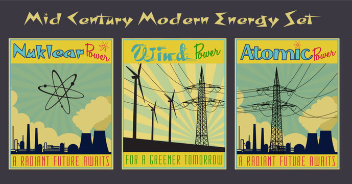 Retro Mid Century Modern Energy Vektor Set.. Kraftwerk, Windr&auml;der, Strommast  und Atom vor stilisierten Sonnenstrahlen