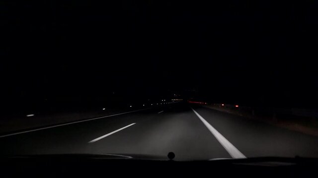 Night Traffic on Road, Driving Car in Dark Highway, Traveling View, POV