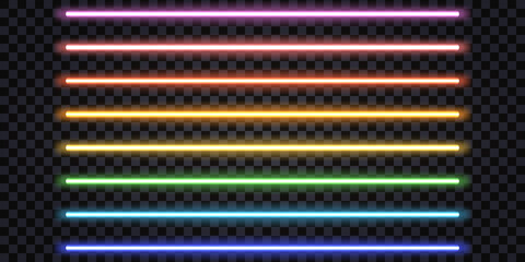 Glowing neon sticks, laser light beams. Rainbow color set, fluorescent electric tubes, luminous stripe lines. Isolated design elements. Vector illustration © Amarylle
